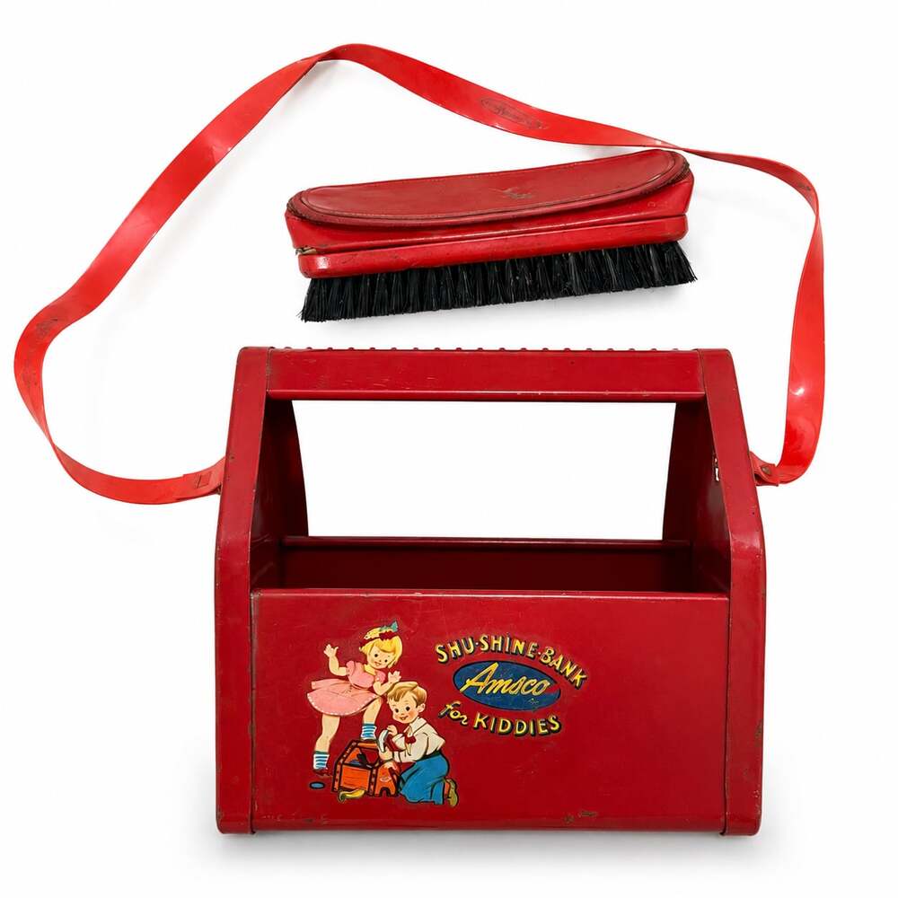 Vintage 1950s Amsco Shu-Shine Bank for Kids Red Metal Shoe Shine Box with Strap